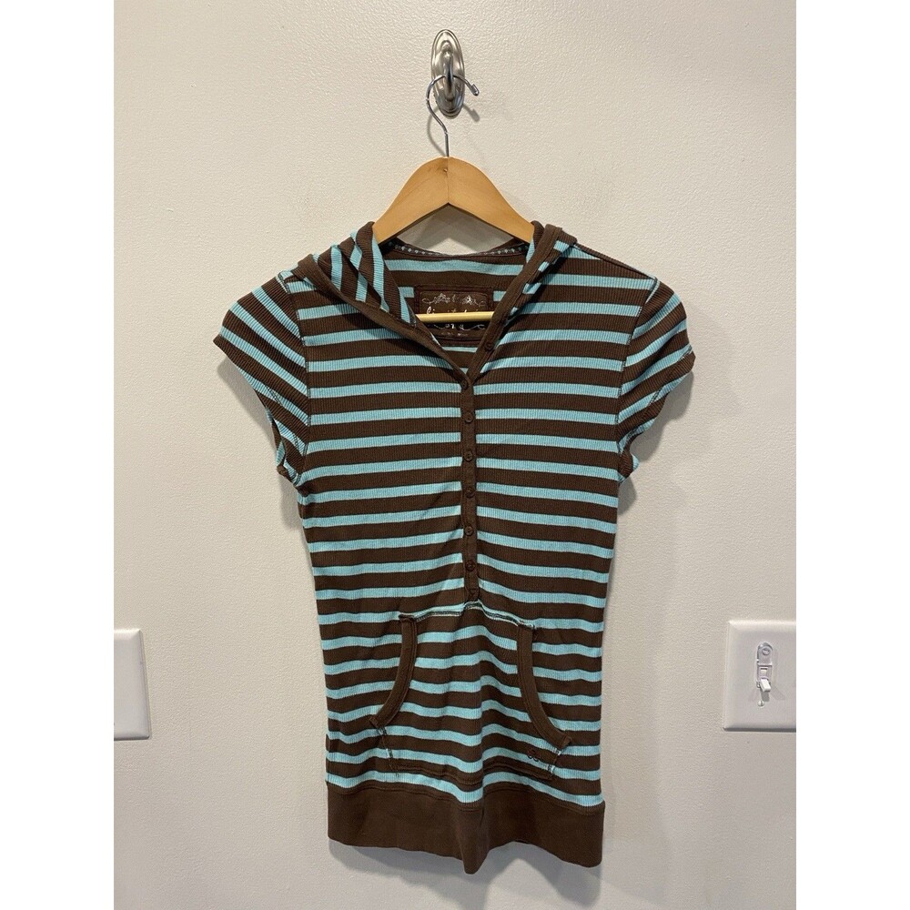 Vintage Y2K Hooded Striped Henley Top Size Small /18 Long Stretch Preppy Mall